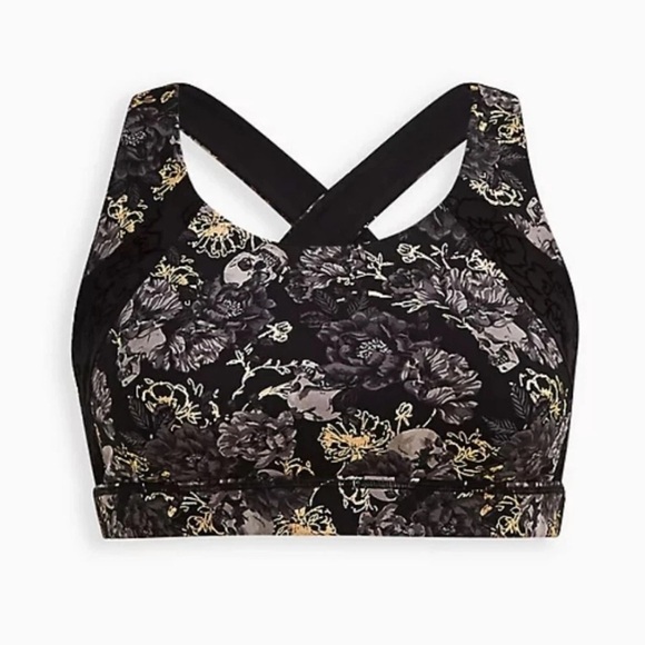 Torrid Plus Black Foil Floral Skull Print Lace Inlay Racerback Sports Bra SZ 1X - Picture 2 of 7